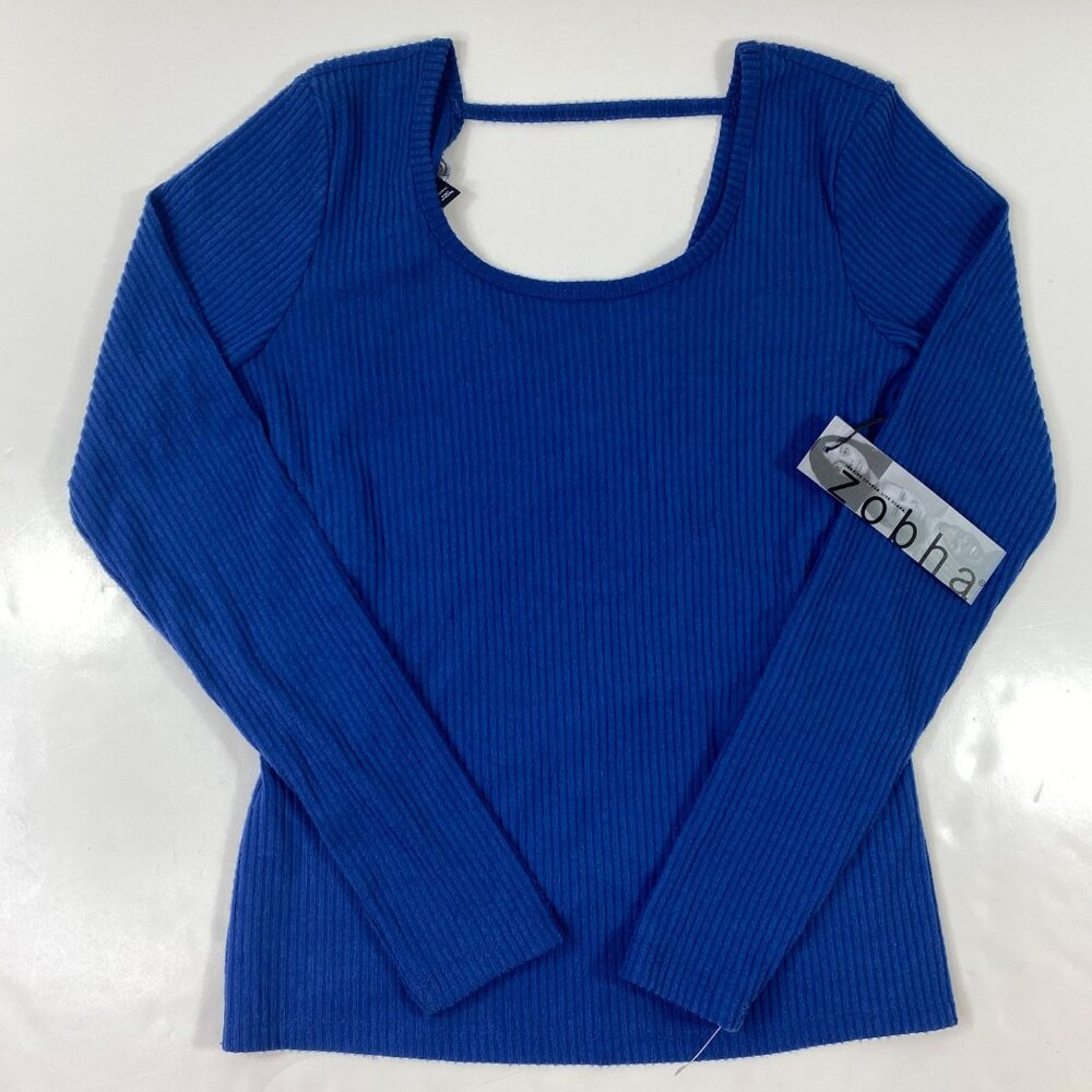 Zobha Womens Blue Ribbed Long Sleeve Top with Open Back Wrap Detail Size XS